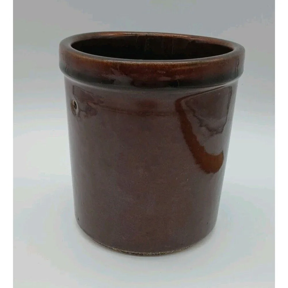 Vintage Dark Brown Glazed Pottery Crock without Lid 1970s